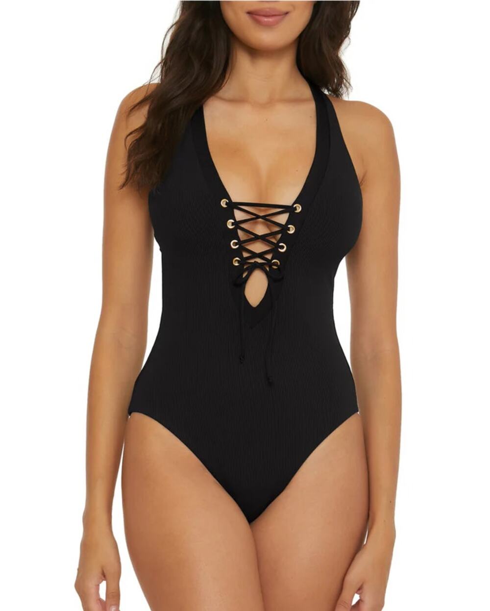 BECCA Women's Modern Edge Gia One Piece Swimsuit Medium Black Lace Up Corset NWT